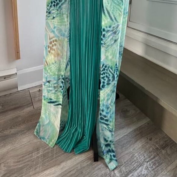 Marciano Teal Abstract Maxi Dress – Pleated Panel & Dual Front Slits, Size XS - Picture 2 of 6